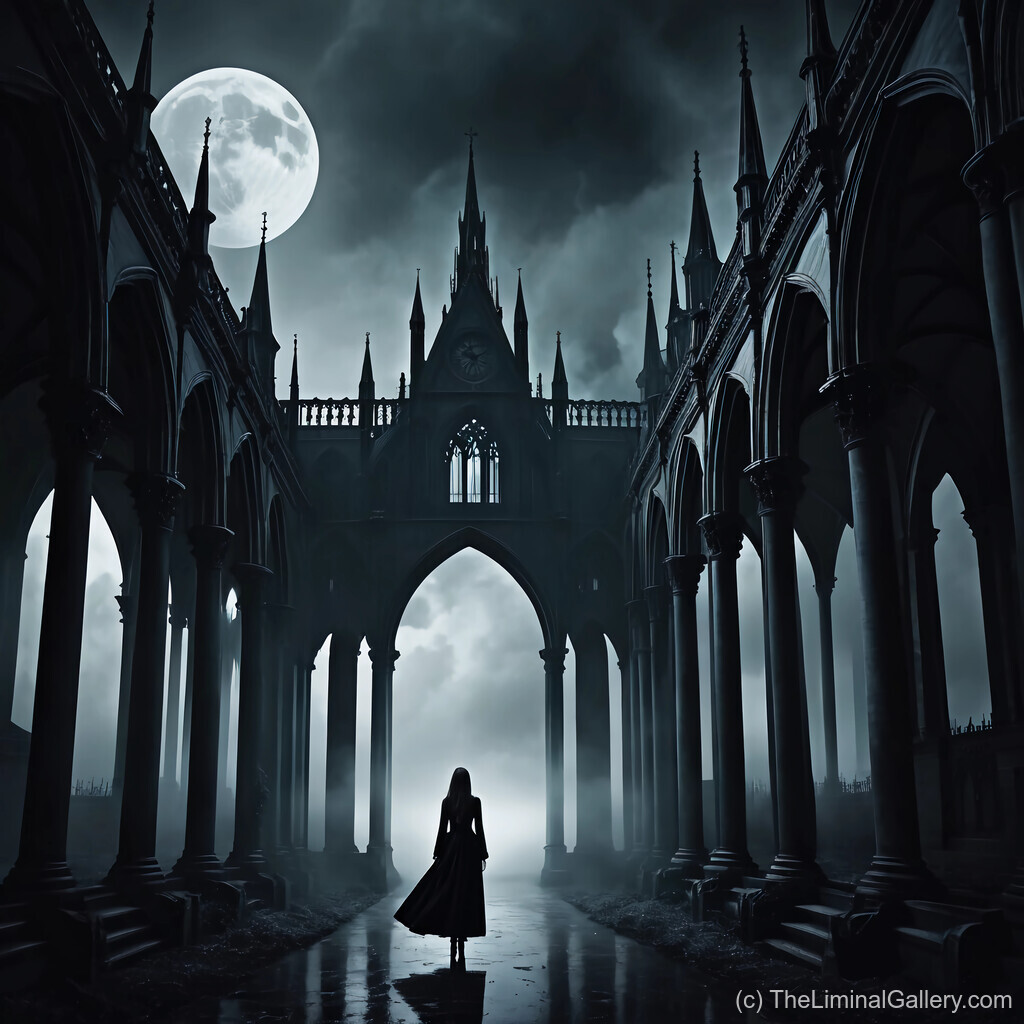 An enchanting gothic passage illuminated by moonlight blends intricate architectural details with mystery, elegance, and timeless fantasy.